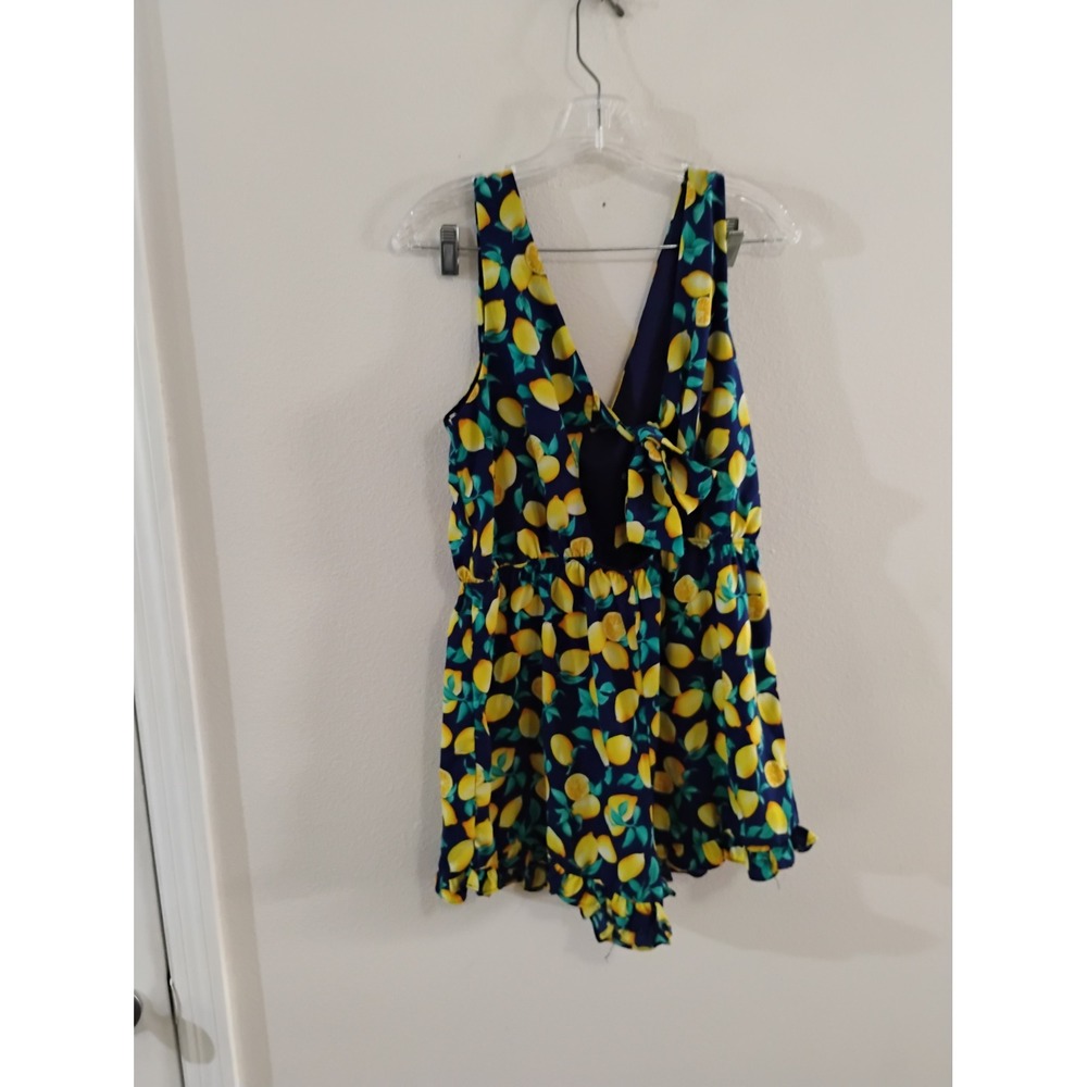 Navy Blue Lemon Print Ruffle Hem Romper Sleeveless V-Neck Tie Back Summer S